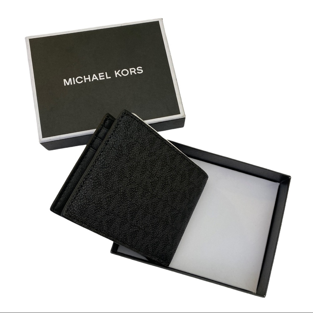 Michael Kors Mens Leather Black MK Jet Set Bifold - Picture 3 of 4